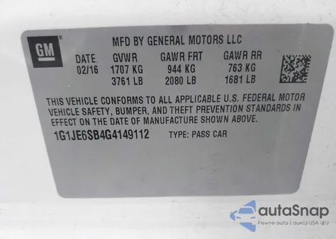 2016 Chevrolet Sonic Ltz из США, поврежденный, VIN 1G1JE6SB4G4149112